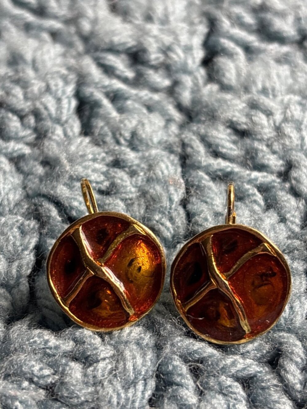 Vintage Goldtone Leverback Earrings Brown Enamel 0.75 inch